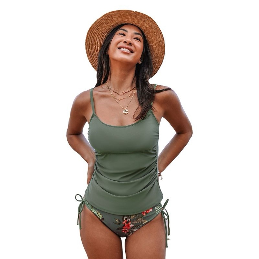 Cupshe Olive Green Ruched Tankini with Tropical Tie-Side Bikini